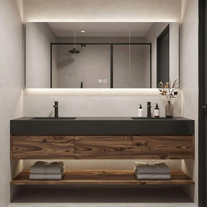 60”-84”Double Sink Floating Bathroom Vanity with LED Mirror Cabinet, Walnut Wood Vanity with Black Stone Top & Open Shelf