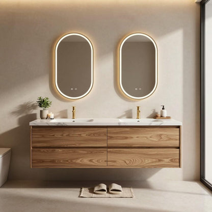 60"-84"Floating Oak Bathroom Vanity with Double Sinks & Oval LED Backlit Mirrors