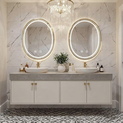 60"-84"Floating Beige Bathroom Vanity with Double Vessel Sinks & LED Round Mirrors
