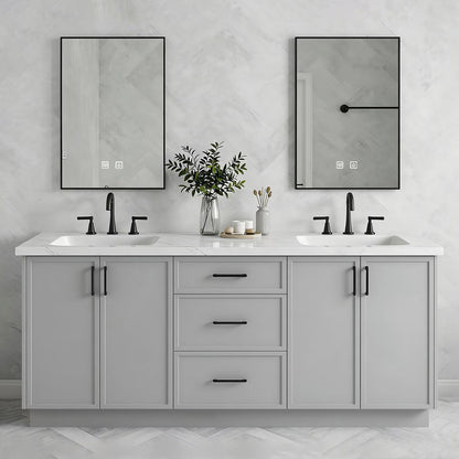 60”-96”Double Sink Freestanding Bathroom Vanity with 2 LED Mirrors, Gray Wood Vanity with Marble Top & Black Hardware