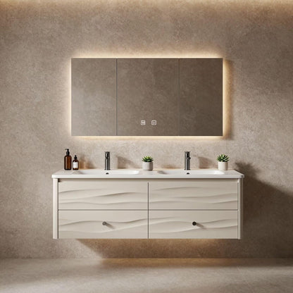 60”-84”Double Sink Floating Bathroom Vanity with LED Mirror Cabinet, White Textured Cabinet