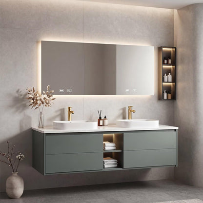 60”-96” Modern Greenish Gray Vanity with Open Shelf & Backlit LED Smart Mirror