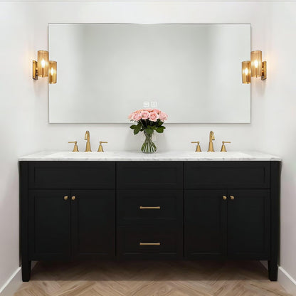 60”-84”Double Sink Freestanding Bathroom Vanity, Black Shaker Cabinet with Gold Hardware