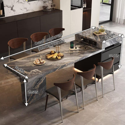 56"-96"Marble Kitchen Island with Dining Table, Wireless Charging & LED Lighting