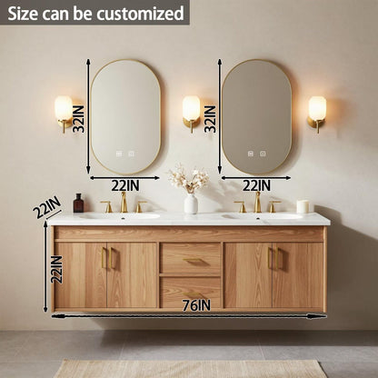 60"-84"Floating Oak Bathroom Vanity with Double Sinks & LED Oval Mirrors