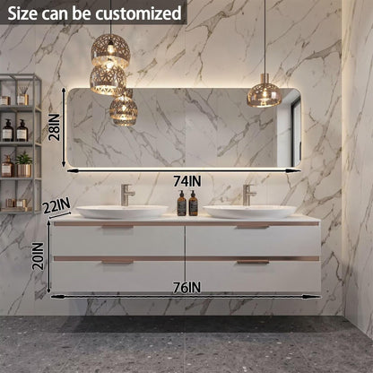 60”-84”Modern Double Sink Floating Vanity with LED Mirror, White Cabinet & Rose Gold Trim