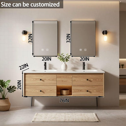 60"-84"Floating Oak Bathroom Vanity with Double Sinks & LED Mirrors