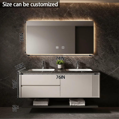 60”-84” Double Floating Vanity, Light Beige Cabinet with LED Backlit Mirror