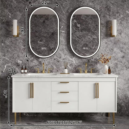 60”-84” Double Sink Bathroom Vanity with LED Oval Mirrors, Freestanding Cabinet with Marble Top, White with Gold Hardware