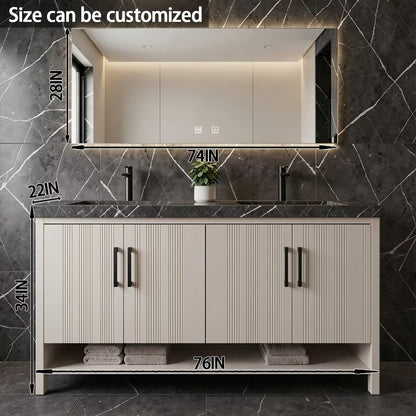 60”-78” Double Vanity, Fluted Panel Cabinet with LED Backlit Mirror, Light Gray