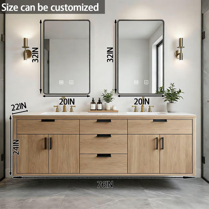 64”-80”Double Floating Vanity, Light Wood Cabinet with Black Trim & Gold Brass Hardware