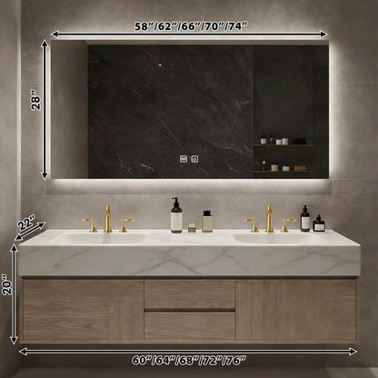60”-84”Double Sink Floating Bathroom Vanity with LED Backlit Mirror, Wall Mounted Light Oak Vanity with White Marble Top