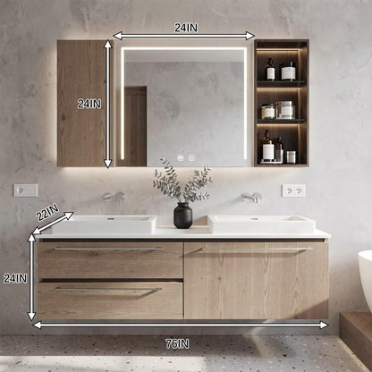 60”-96”Light Oak Floating Double Sink Vanity with LED Lighted Mirror Cabinet