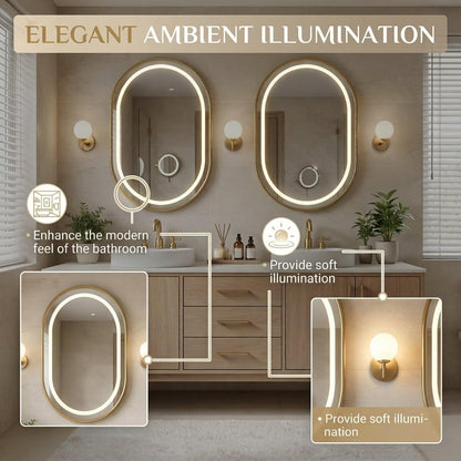 60"-96"Freestanding Oak Bathroom Vanity with Double Vessel Sinks & LED Oval Mirrors