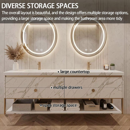 60"-84"Freestanding Marble Bathroom Vanity with Double Sinks & LED Round Mirrors