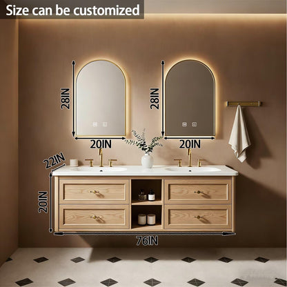 60”-84”Double Sink Floating Bathroom Vanity with Gold Arch LED Mirrors, Light Oak Cabinet