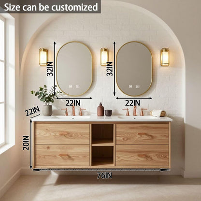 60”-84”Double Floating Vanity, Light Wood Cabinet with Gold Oval LED Mirrors