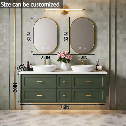 60”-84” Floating Vanity, Sage Green Double Sink Cabinet with Gold Oval LED Mirrors