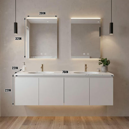 60”-96”Modern White Wall-Mounted Vanity with Double Sinks, Marble Top & LED Lighting
