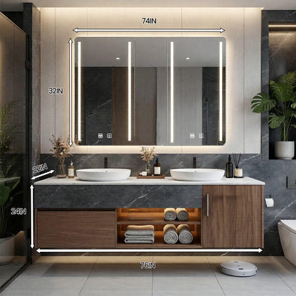 60”-96”Modern Floating Bathroom Vanity with Marble Top, LED Open Shelf & Smart Mirror