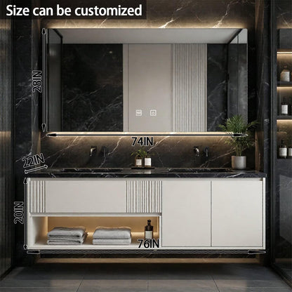 60”-84”Double Sink Floating Bathroom Vanity with LED Backlit Mirror, Off-White Fluted Cabinet