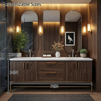 60"-96"Modern Dark Wood Bathroom Vanity with Double Sinks & Arched Mirrors