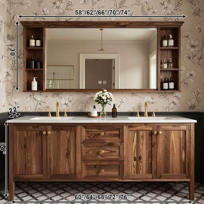 60”-96”Double Sink Freestanding Bathroom Vanity with Mirror & Storage Shelves, Solid Wood Vanity with Drawers & Doors, Modern Farmhouse Bathroom Cabinet