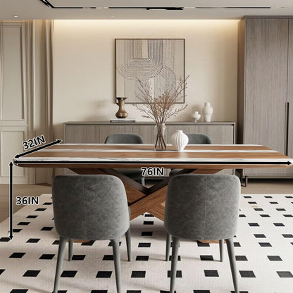 60"-80"Modern Farmhouse Dining Table with Walnut Wood & White Marble Striped Top, 6-Seater