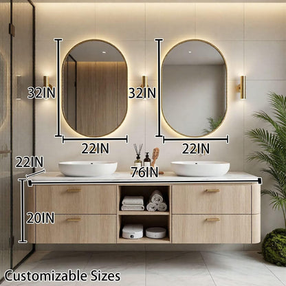 60"-96"Modern Wall-Mounted Vanity with Marble Top & Gold Hardware & Open Shelf