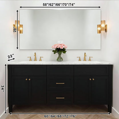 60”-84”Double Sink Freestanding Bathroom Vanity, Black Shaker Cabinet with Gold Hardware