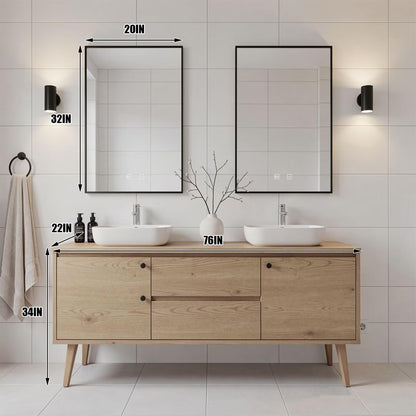 60"-96"Modern Scandinavian Bathroom Vanity with Double Sinks & Oak Cabinet