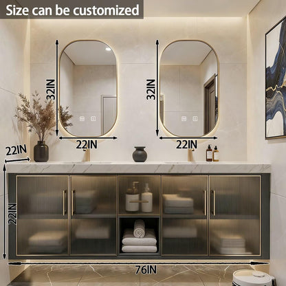 60"-84"Modern Floating Bathroom Vanity Set with Marble Top & Glass Cabinets