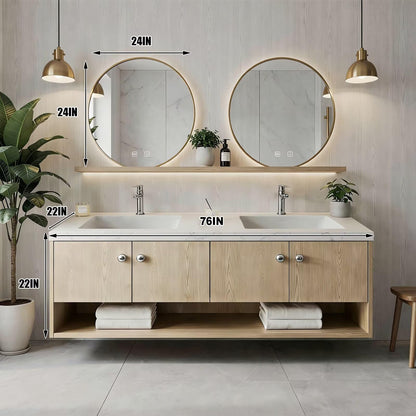 60"-96"Light Oak Floating Bathroom Vanity with Double Sinks & LED Mirrors