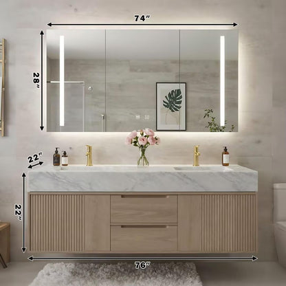 60"-84"Modern Light Oak Floating Bathroom Vanity with Double Sinks & Marble Top