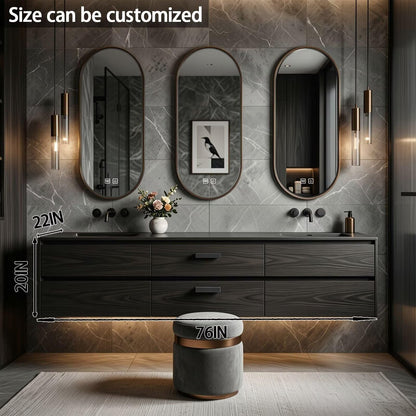 60”-84”Double Sink Floating Bathroom Vanity with Oval Mirrors, Dark Walnut Wood Cabinet