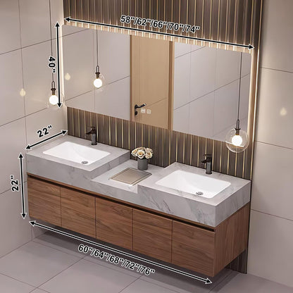 60”-84”Double Floating Vanity, Marble Top with Walnut Wood Cabinet & LED Strip