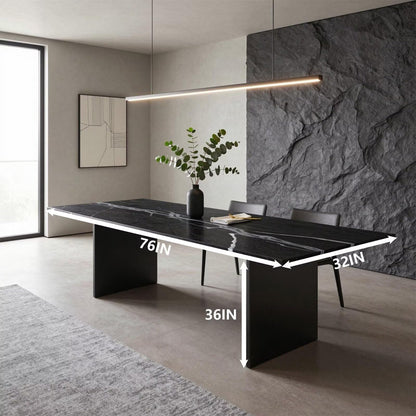 60"-80"Modern Black Stone Dining Table, Rectangular Marble Table with Sleek Metal Legs