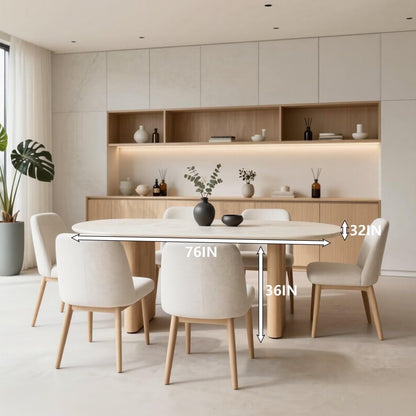 60"-80"Oval Dining Table with Travertine Top & Light Wood Base, Minimalist Kitchen Table
