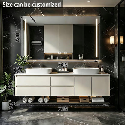 60”-84”Double Sink Floating Bathroom Vanity with LED Mirror Cabinet, Off-White Modern Cabinet