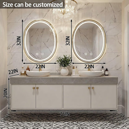 60"-84"Floating Beige Bathroom Vanity with Double Vessel Sinks & LED Round Mirrors