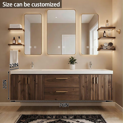 60"-84"Ribbed Wood Floating Bathroom Vanity with Double Sinks & Gold Framed LED Mirrors