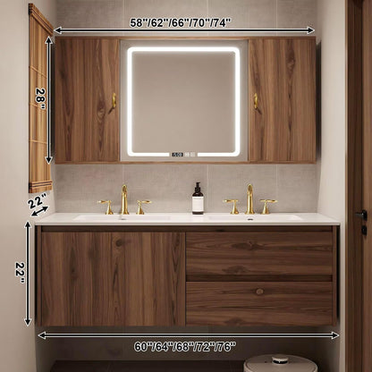 60”-84”Floating Double Sink Bathroom Vanity with LED Smart Mirror, Wall Mounted Walnut Wood Vanity with Storage Cabinets & Drawers