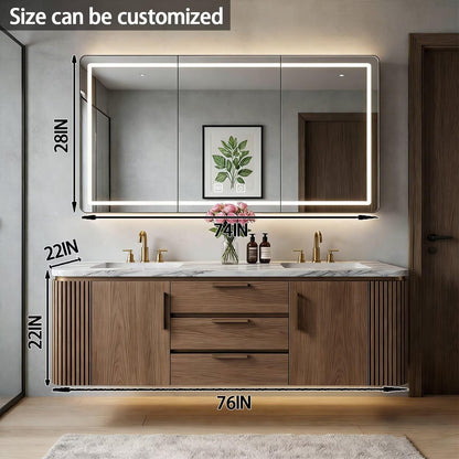 60”-84”Double Sink Floating Bathroom Vanity with LED Mirror, Light Wood Cabinet & Gold Hardware