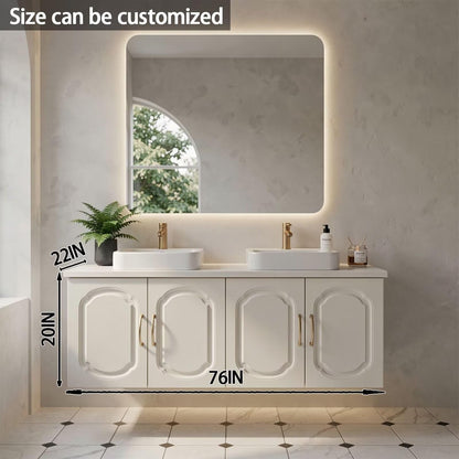 60”-84”Double Sink Vanity with LED Mirror, Cream Floating Cabinet & Gold Hardware