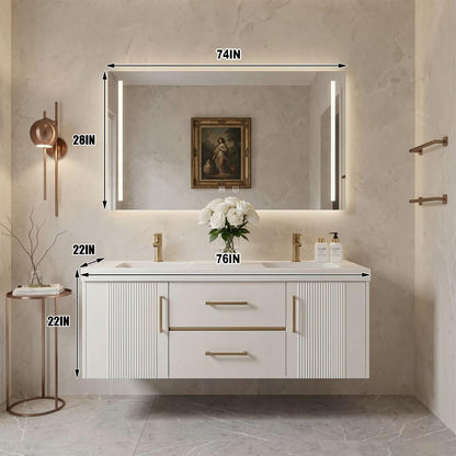 60”-96”White Floating Bathroom Vanity with Double Sinks & LED Lighted Mirror