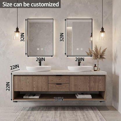 60"-84"Rustic Floating Bathroom Vanity with Double Vessel Sinks & LED Backlit Mirrors