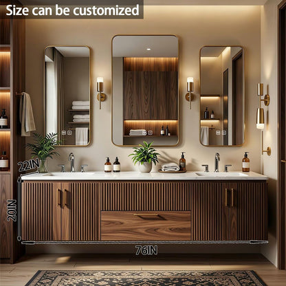 60”-84”Double Sink Floating Bathroom Vanity with Gold Mirrors, Walnut Fluted Wood Cabinet