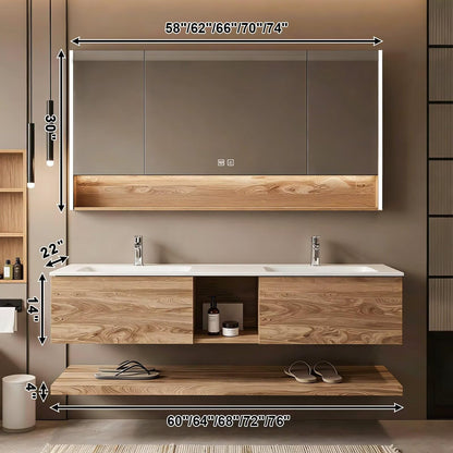 60”-84”Double Sink Floating Bathroom Vanity, Oak Cabinet with LED Mirror Cabinet & Open Shelf