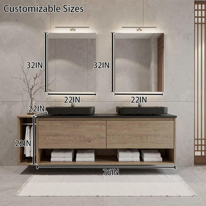 60"-96"Modern Oak Floating Bathroom Vanity with Double Black Vessel Sinks & Open Shelves