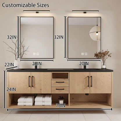 60"-96"Light Oak Bathroom Vanity with Black Countertop, Double Sinks & LED Mirrors